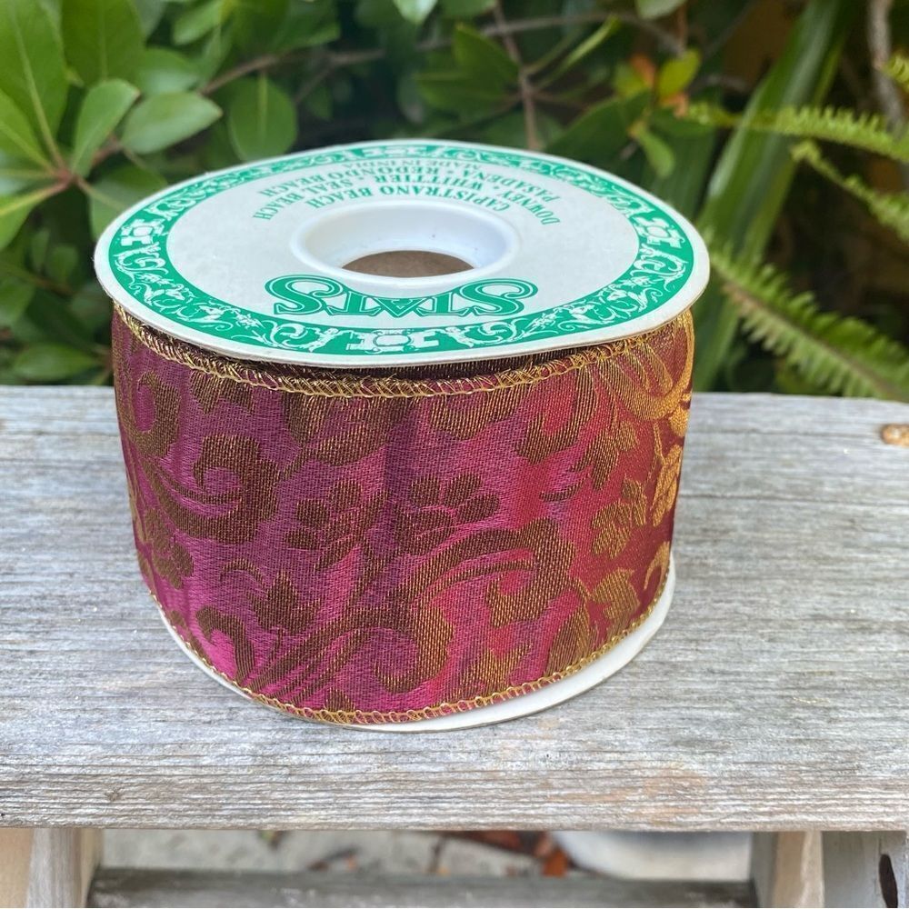 Stats Burgundy Floral Wire Ribbon One Roll 2.5" W 9.5 Yards Holidays/Gift Wrap